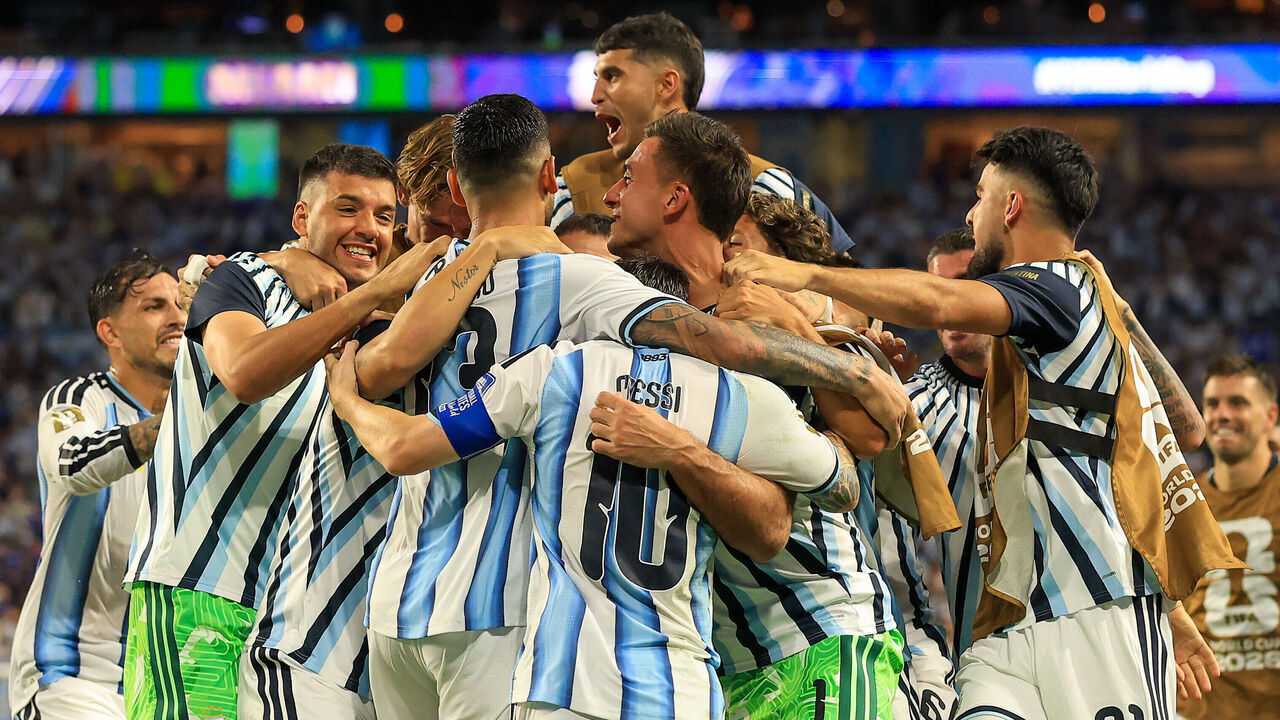 MIAMI GARDENS, FLORIDA - JULY 03: Cristian Romero #13 of Argentina celebrates with teammates after scoring the team's third goal during the FIFA World Cup 2026 Round of 32 match between Argentina and Cabo Verde at Miami Stadium on July 03, 2026 in Miami Gardens, Florida.