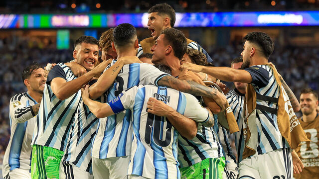 MIAMI GARDENS, FLORIDA - JULY 03: Cristian Romero #13 of Argentina celebrates with teammates after scoring the team's third goal during the FIFA World Cup 2026 Round of 32 match between Argentina and Cabo Verde at Miami Stadium on July 03, 2026 in Miami Gardens, Florida.