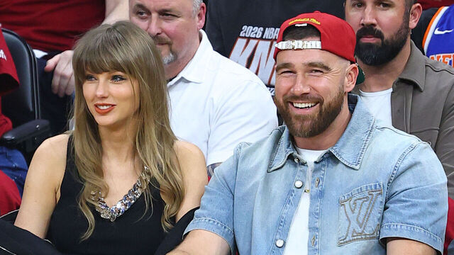 CLEVELAND, OH - MAY 23: Taylor Swift and Travis Kielce attend the game between the New York Knicks and Cleveland Cavaliers during Game Three of the 2026 Eastern Conference Finals on May 23, 2026 at Rocket Arena in Cleveland, Ohio. NOTE TO USER: User expressly acknowledges and agrees that, by downloading and/or using this Photograph, user is consenting to the terms and conditions of the Getty Images License Agreement. Mandatory Copyright Notice: Copyright 2026 NBAE