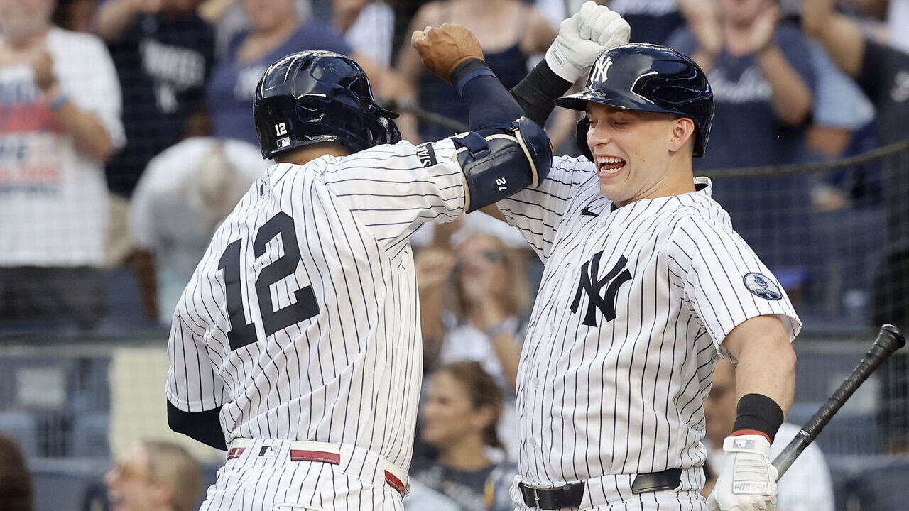 NEW YORK, NEW YORK - JULY 03: Trent Grisham #12 of the New York Yankees celebrates his first inning home run against the Minnesota Twins with teammate Ben Rice #22 at Yankee Stadium on July 03, 2026 in New York City.