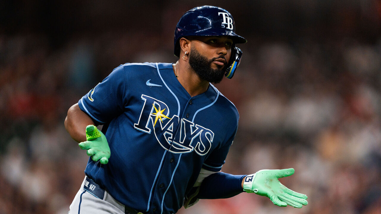 HOUSTON, TEXAS - JULY 03: Junior Caminero #13 of the Tampa Bay Rays reacts after hitting a solo home run in the seventh inning during a game against the Houston Astros at Daikin Park on July 03, 2026 in Houston, Texas.