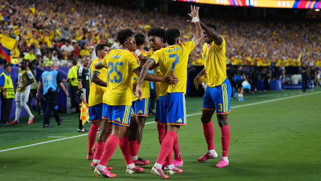 KANSAS CITY, UNITED STATES - JULY 3: Players of Colombia celebrate after Jhon Arias' goal during the 2026 FIFA World Cup Round of 32 match between Colombia and Ghana at Arrowhead Stadium (Kansas City Stadium) in Kansas City, Missouri, United States on July 3, 2026.