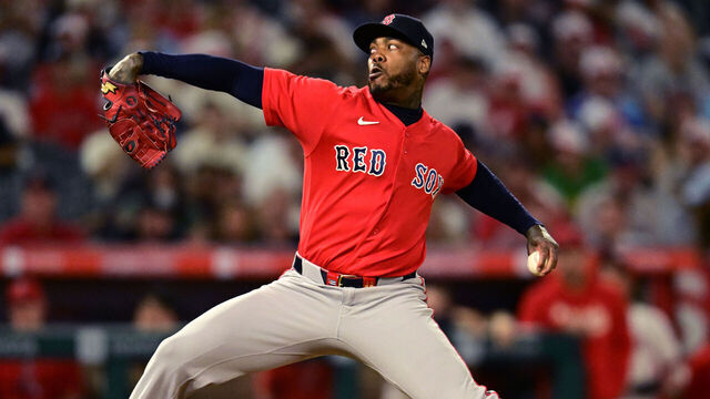 ANAHEIM, CALIFORNIA - JULY 3: Aroldis Chapman #44 of the Boston Red Sox throws in the ninth inning against the Los Angeles Angels at Angel Stadium of Anaheim on July 3, 2026 in Anaheim, California.