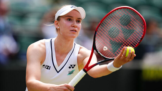 Elena Rybakina of Kazakhstan during her Ladies' Singles match against Elise Mertens of Belgium on day six of the 2026 Wimbledon Championships at the All England Lawn Tennis and Croquet Club, London. Picture date: Saturday July 4, 2026.