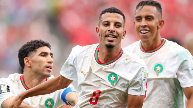 HOUSTON, TEXAS - JULY 04: Azzedine Ounahi #8 of Morocco celebrates with teammates Achraf Hakimi #2 and Soufiane Rahimi #9 after scoring his team's first goal during the FIFA World Cup 2026 Round of 16 match between Canada and Morocco at Houston Stadium on July 04, 2026 in Houston, Texas.