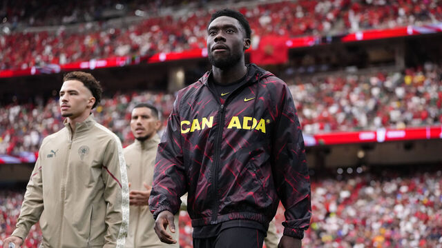 Alphonso Davies of Canada looks on during the FIFA World Cup 2026 Round Of 16 match between Canada and Morocco at Houston Stadium on July 4, 2026 in Houston, United States.