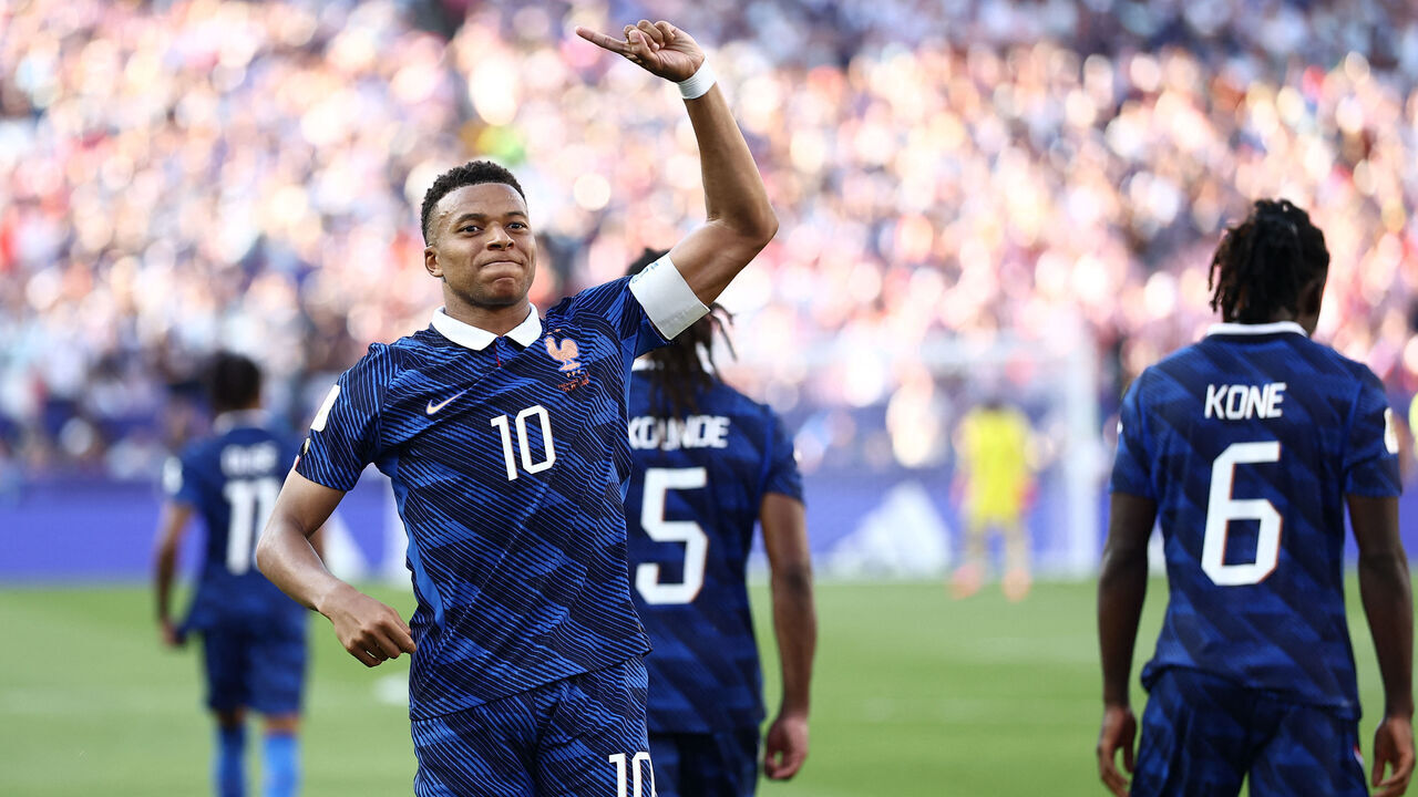 France's forward #10 Kylian Mbappe celebrates scoring his team's first goal during the 2026 World Cup round of 16 football match between Paraguay and France at the Philadelphia Stadium in Philadelphia on July 4, 2026.