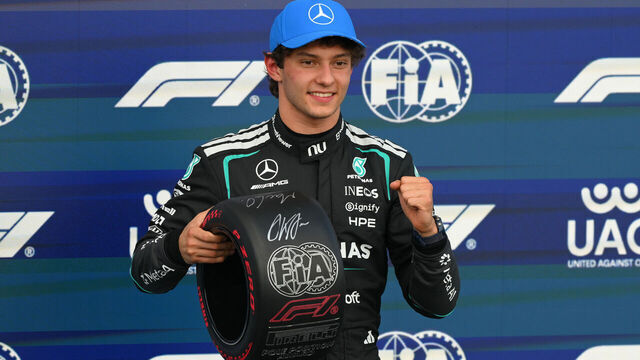 Kimi Antonelli of Italy and the Mercedes-AMG PETRONAS Formula One Team celebrates after securing P1 during qualifying for the Formula 1 Pirelli British Grand Prix 2026 at Silverstone Circuit, Towcester, on July 2, 2026.