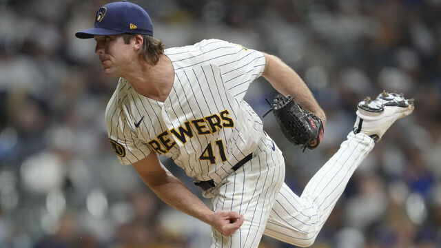 MILWAUKEE, WISCONSIN - MAY 23: Jake Woodford #41 of the Milwaukee Brewers pitches against the Los Angeles Dodgers during a game at American Family Field on May 23, 2026 in Milwaukee, Wisconsin.