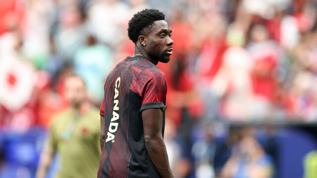 HOUSTON, TEXAS - JULY 4: Alphonso Davies #19 of Canada warms up before to the FIFA World Cup 2026 Round Of 16 match between Canada and Morocco at Houston Stadium on July 4, 2026 in Houston, United States.