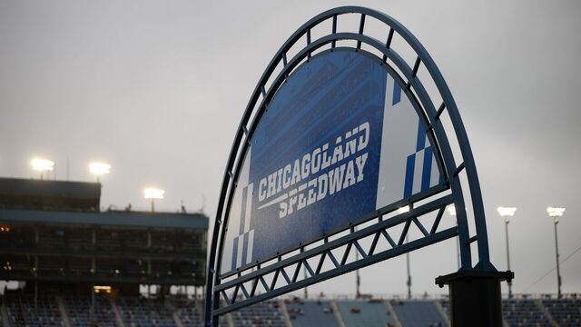 JOLIET, ILLINOIS - JULY 04: A general view of the "Chicagoland Speedway" signage during a weather delay of the NASCAR O'Reilly Auto Parts Series Cuervo 300 at Chicagoland Speedway on July 04, 2026 in Joliet, Illinois.