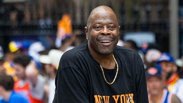 New York, N.Y.: Former NY Knick Patrick Ewing heads down the Canyon of Heroes during the Knicks ticker tape parade on June 17, 2026 in New York City.