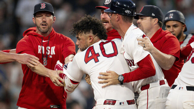 BOSTON, MASSACHUSETTS - JUNE 30: Willson Contreras #40 of the Boston Red Sox reacts during a benches-clearing altercation during the fourth inning of a game against the Washington Nationals on June 30, 2026 at Fenway Park in Boston, Massachusetts.