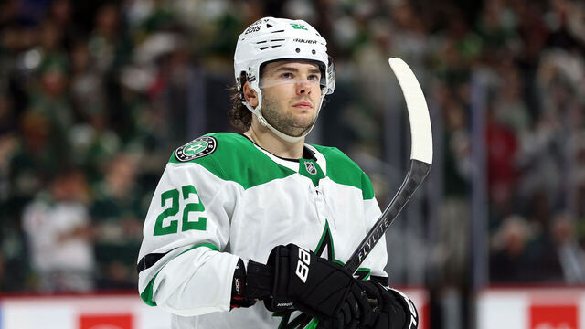 ST PAUL, MINNESOTA - APRIL 22: Mavrik Bourque #22 of the Dallas Stars looks on against the Minnesota Wild during overtime of Game Three of the First Round of the 2026 Stanley Cup Playoffs at Grand Casino Arena on April 22, 2026 in St Paul, Minnesota. The Stars defeated the Wild 4-3 in double overtime.