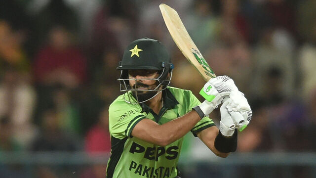 Babar Azam plays a shot during the third and final ODI match between Pakistan and Australia at Gaddafi Stadium in Lahore, Pakistan, on June 4, 2026.