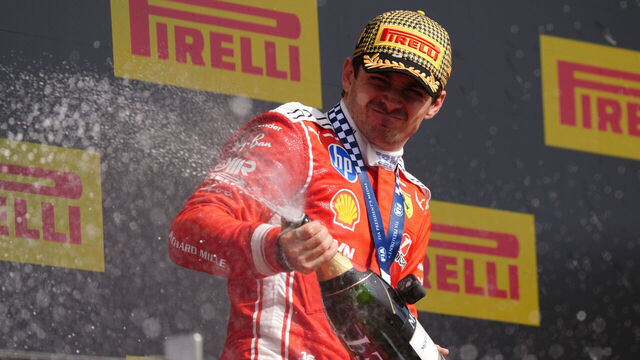 Ferrari driver Charles Leclerc celebrates on the podium after winning the British Grand Prix at Silverstone Circuit, Towcester. Picture date: Sunday July 5, 2026.