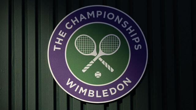 LONDON, ENGLAND - JULY 4: The Wimbledon Championships artwork logo on day six of The Championships Wimbledon 2026 at All England Lawn Tennis and Croquet Club on July 4, 2026 in London, England.