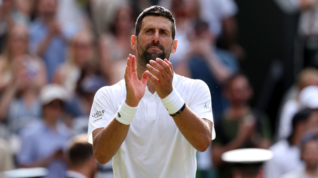 LONDON, ENGLAND - JULY 05: Novak Djokovic of Serbia acknowledges the crowd following victory over Roman Safiullin during their Gentlemen's Singles fourth round match on day seven of The Championships Wimbledon 2026 at All England Lawn Tennis and Croquet Club on July 05, 2026 in London, England.
