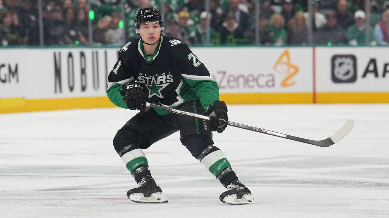 DALLAS, TX - APRIL 18: Jason Robertson #21 of the Dallas Stars skates against the Minnesota Wild in Game One of the First Round of the 2026 Stanley Cup Playoffs during the first period at the American Airlines Center on April 18, 2026 in Dallas, Texas.