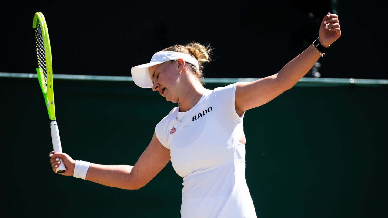 LONDON, ENGLAND - JULY 05: Barbora Krejcikova of the Czech Republic reacts against Karolina Muchova of the Czech Republic in the fourth round on Day Seven of The Championships Wimbledon 2026 at All England Lawn Tennis and Croquet Club on July 05, 2026 in London, England