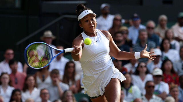 LONDON, ENGLAND - JULY 05: Naomi Osaka of Japan plays a forehand against Aryna Sabalenka during their Ladies' Singles fourth round match on day seven of The Championships Wimbledon 2026 at All England Lawn Tennis and Croquet Club on July 05, 2026 in London, England.