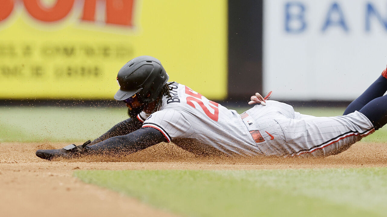 NEW YORK, NEW YORK - JULY 05: Byron Buxton #25 of the Minnesota Twins is caught stealing second base during the first inning by Anthony Volpe #11 of the New York Yankees at Yankee Stadium on July 05, 2026 in New York City.