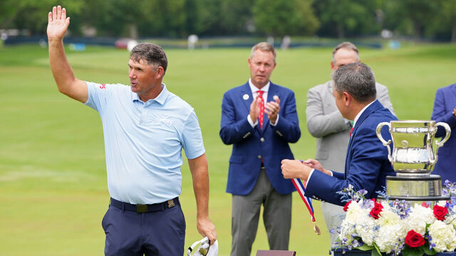 COLUMBUS, OHIO - JULY 05: Padraig Harrington of Ireland acknowledges the crowd during the trophy ceremony after winning the U.S. Senior Open Championship 2026 at Scioto Country Club on July 05, 2026 in Columbus, Ohio.