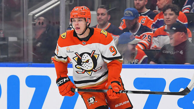EDMONTON, CANADA - APRIL 28: Pavel Mintyukov #98 of the Anaheim Ducks in action during Game Five of the First Round of the 2026 Stanley Cup Playoffs against the Edmonton Oilers at Rogers Place on April 28, 2026, in Edmonton, Alberta, Canada.