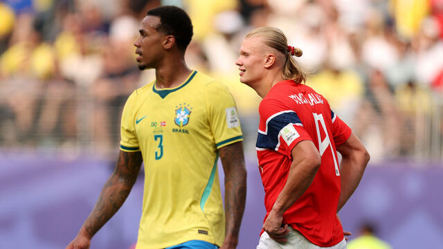 EAST RUTHERFORD, NEW JERSEY - JULY 05: Erling Haaland #9 of Norway looks on during the FIFA World Cup 2026 Round of 16 match between Brazil and Norway at New York New Jersey Stadium on July 05, 2026 in East Rutherford, New Jersey.
