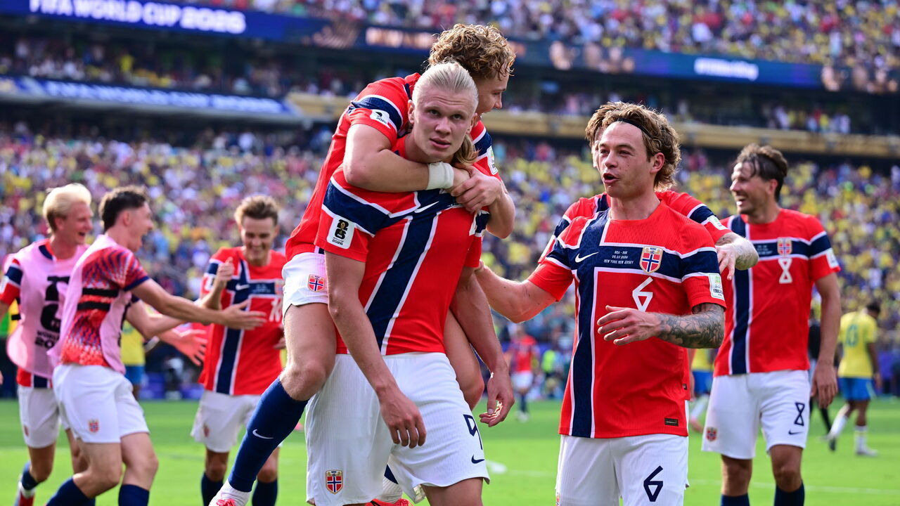 NEW JERSEY, UNITED STATES - JULY 05: Erling Haaland of Norway celebrates after scoring a goal during the FIFA World Cup 2026 Round of 16 match between Brazil and Norway at New Jersey Stadium (MetLife Stadium) in East Rutherford, New Jersey, USA, on July 05, 2026.