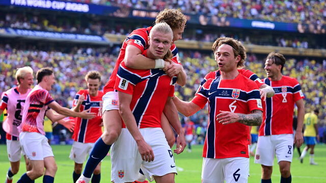 NEW JERSEY, UNITED STATES - JULY 05: Erling Haaland of Norway celebrates after scoring a goal during the FIFA World Cup 2026 Round of 16 match between Brazil and Norway at New Jersey Stadium (MetLife Stadium) in East Rutherford, New Jersey, USA, on July 05, 2026.