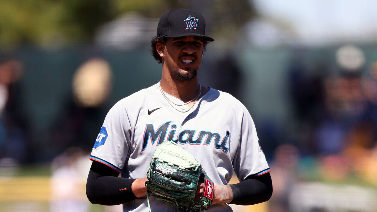 SACRAMENTO, CA - JULY 05: Eury Pérez #39 of the Miami Marlins takes the sign from the catcher during the game between the Miami Marlins and the Athletics at Sutter Health Park on Sunday, July 5, 2026 in Sacramento, California.