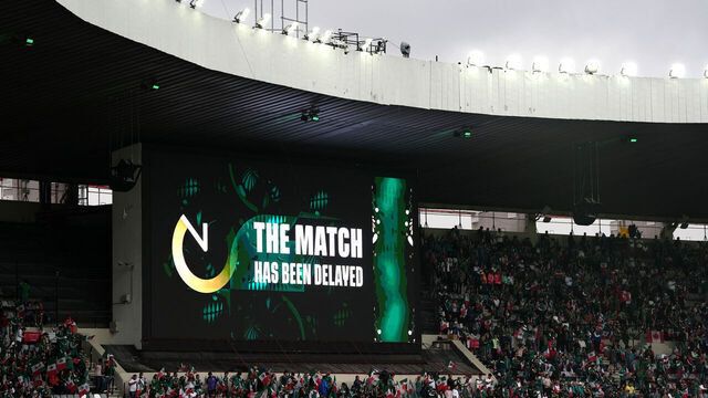 A general view of a match delay notice on the big screen ahead of the FIFA World Cup Round of 16 match at Mexico City Stadium, Mexico. Picture date: Sunday July 5, 2026.