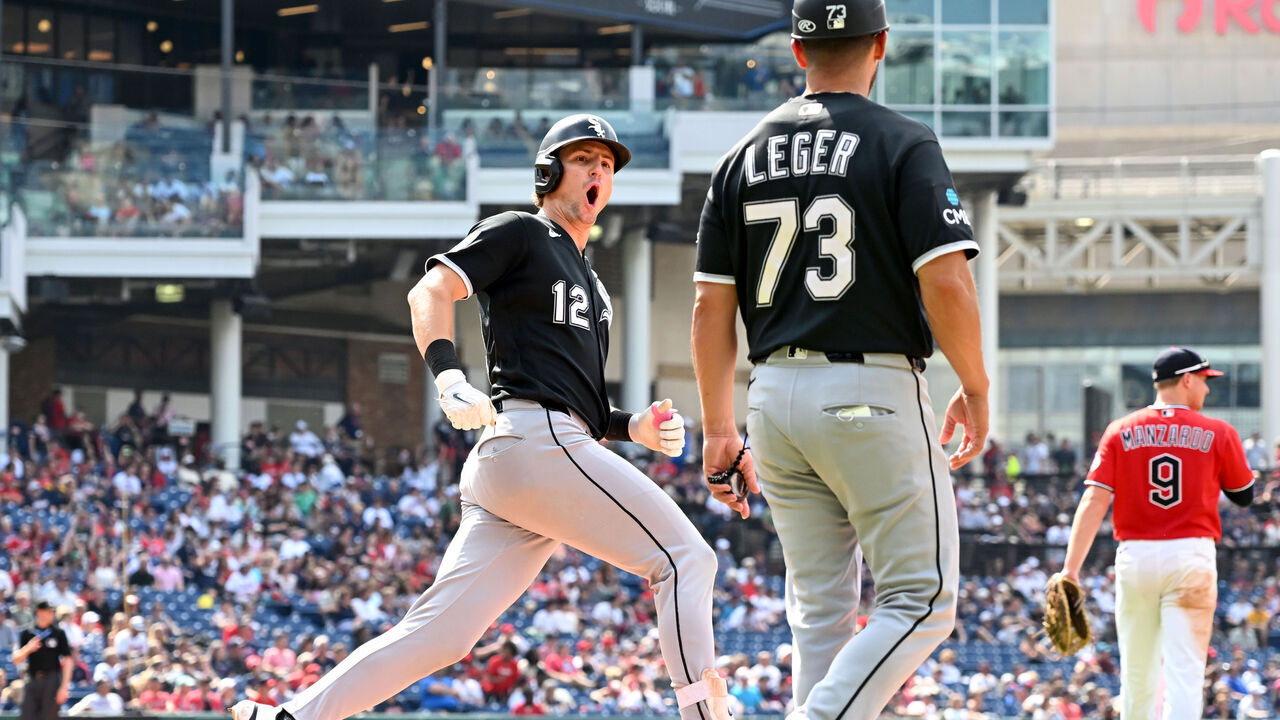 CLEVELAND, OHIO - JULY 05: Colson Montgomery #12 of the Chicago White Sox celebrates as he rounds first base after hitting a two-run home run during the third inning against the Cleveland Guardians at Progressive Field on July 05, 2026 in Cleveland, Ohio.