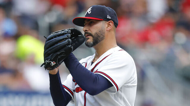 ATLANTA, GEORGIA - JUNE 30: Martin Perez #33 of the Atlanta Braves reacts during the second inning against the St. Louis Cardinals at Truist Park on June 30, 2026 in Atlanta, Georgia.