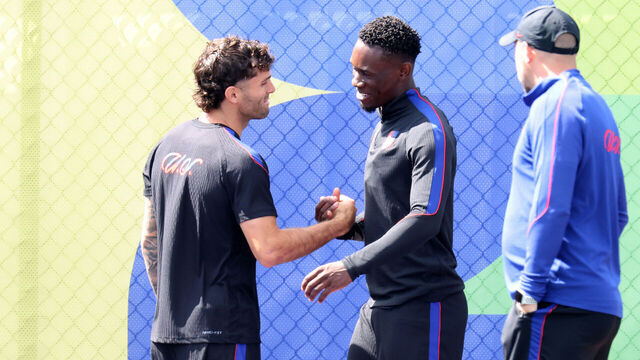 SEATTLE, WASHINGTON - JULY 05: Christian Pulisic #10 and Folarin Balogun #20 of the United States talk during a training session ahead of the FIFA World Cup 2026 Round of 16 match at University of Washington on July 05, 2026 in Seattle, Washington.