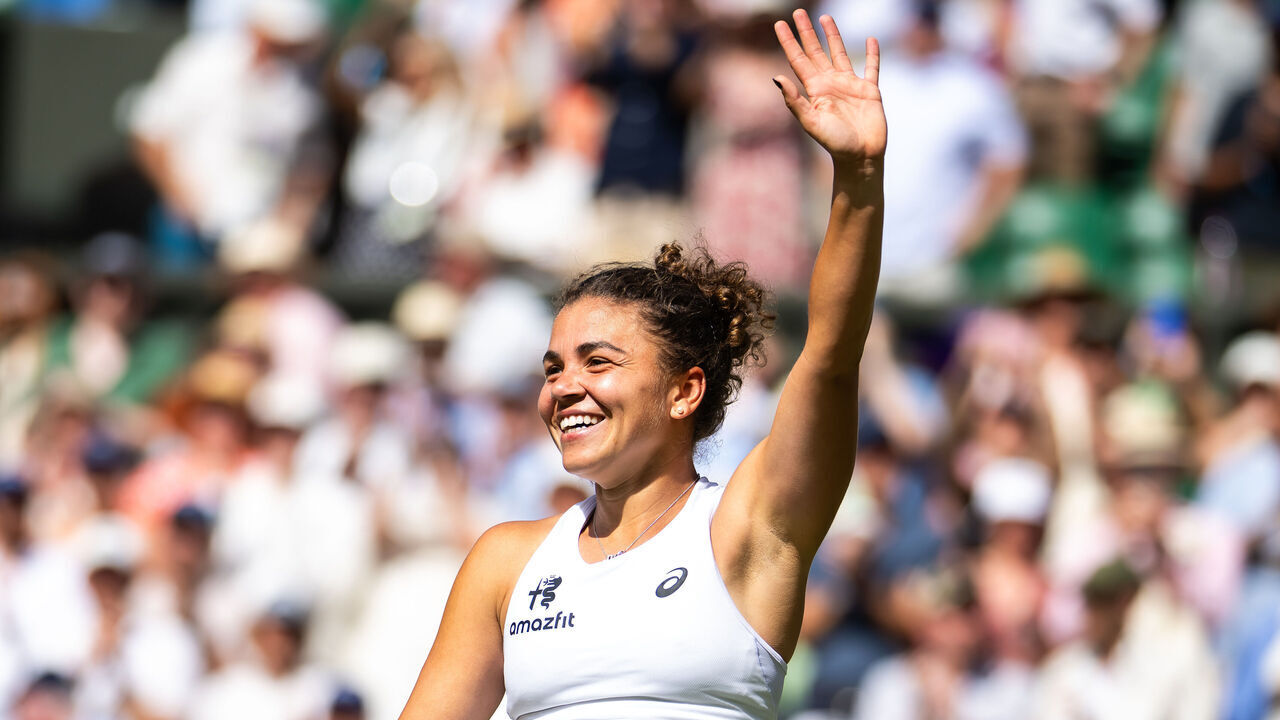 LONDON, ENGLAND - JULY 06: Jasmine Paolini of Italy reacts to defeating Alexandra Eala of the Philippines in the fourth round on Day Eight of The Championships Wimbledon 2026 at All England Lawn Tennis and Croquet Club on July 06, 2026 in London, England