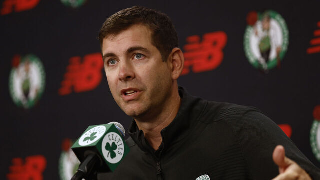 BOSTON, MA - SEPTEMBER 29: Brad Stevens, president of basketball operations for the Boston Celtics, answers a question during a press conference at Boston Celtics media day at the Auerbach Center on September 29, 2025 in Boston, Massachusetts.