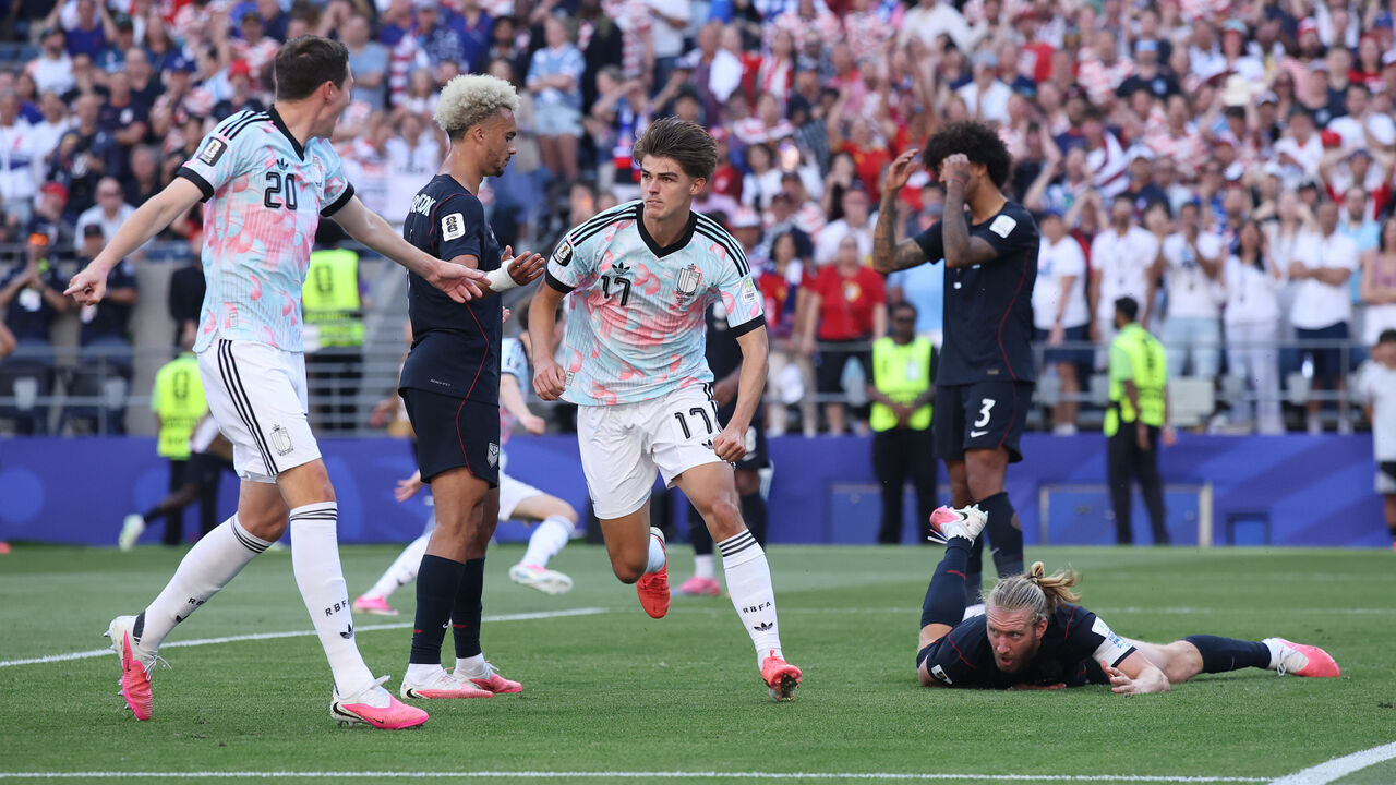SEATTLE, WASHINGTON - JULY 06: Charles De Ketelaere #17 of Belgium celebrates scoring his team's second goal during the FIFA World Cup 2026 Round of 16 match between USA and Belgium at Seattle Stadium on July 06, 2026 in Seattle, Washington.