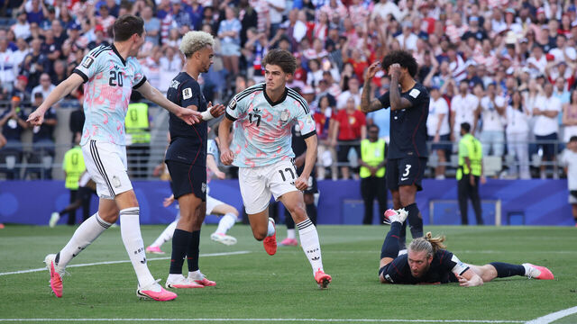 SEATTLE, WASHINGTON - JULY 06: Charles De Ketelaere #17 of Belgium celebrates scoring his team's second goal during the FIFA World Cup 2026 Round of 16 match between USA and Belgium at Seattle Stadium on July 06, 2026 in Seattle, Washington.
