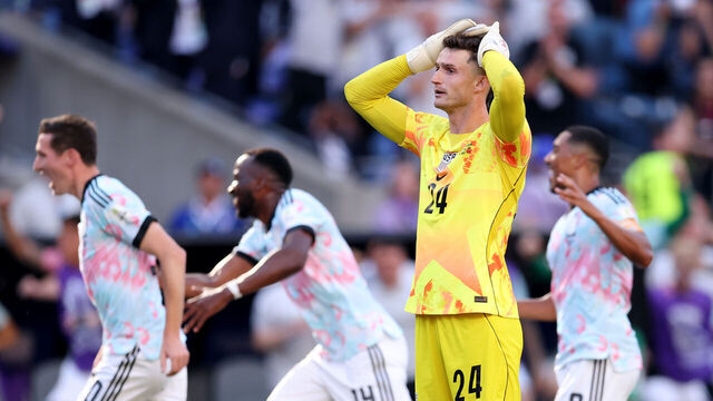 SEATTLE, WASHINGTON - JULY 06: Matt Freese #24 of the United States reacts after Belgium's third goal during the FIFA World Cup 2026 Round of 16 match between USA and Belgium at Seattle Stadium on July 06, 2026 in Seattle, Washington.