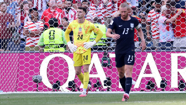 SEATTLE, WASHINGTON - JULY 06: Matt Freese #24 of the United States reacts after Belgium's third goal during the FIFA World Cup 2026 Round of 16 match between USA and Belgium at Seattle Stadium on July 06, 2026 in Seattle, Washington.