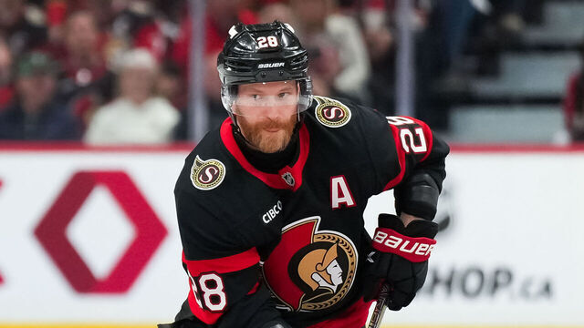 OTTAWA, CANADA - APRIL 25: Claude Giroux #28 of the Ottawa Senators controls the puck against the Carolina Hurricanes in Game Four of the First Round of the 2026 Stanley Cup Playoffs at Canadian Tire Centre on April 25, 2026 in Ottawa, Canada.