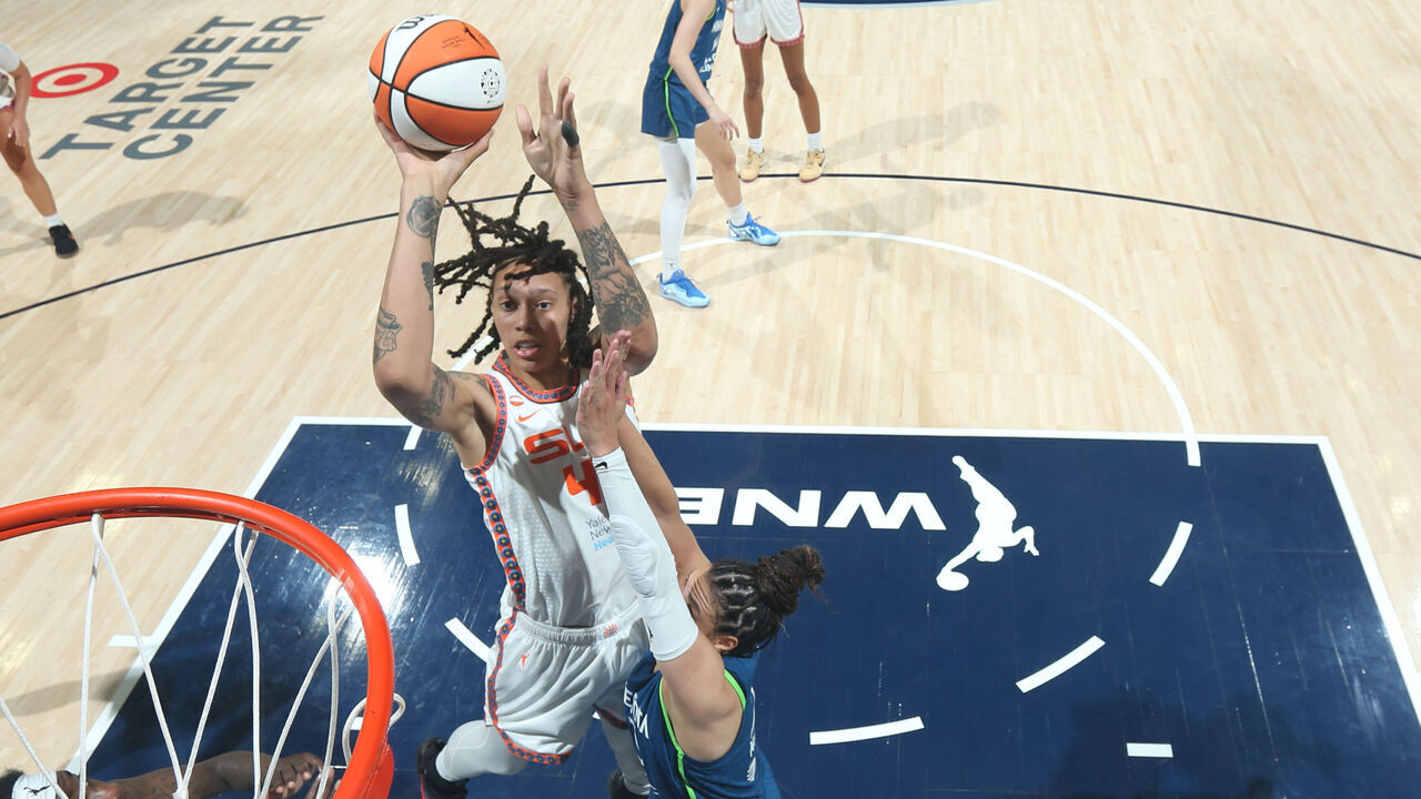 MINNEAPOLIS, MN - JULY 6: Brittney Griner #42 of the Connecticut Sun drives to the basket during the game against the Minnesota Lynx on July 6, 2026 at Target Center in Minneapolis, Minnesota. Mandatory Copyright Notice: Copyright 2026 NBAE