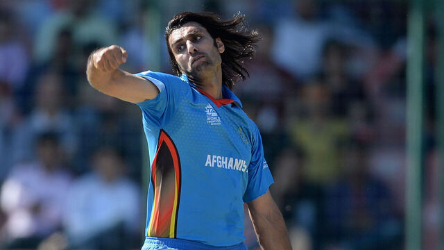DELHI, INDIA - MARCH 23: Shapoor Zadran of Afghanistan bowls during the ICC World Twenty20 India 2016 Group 1 match between England and Afghanistan at Feroz Shah Kotla Ground on March 23, 2016 in Delhi, India.