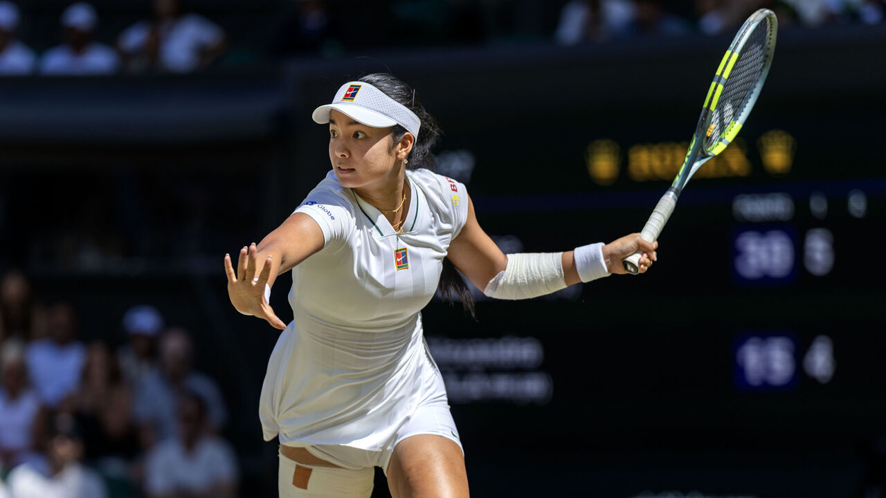 LONDON, ENGLAND - July 06: Alexandra Eala of the Philippines during her match against Jasmine Paolini of Italy in the fourth round of the Ladies' Singles Competition on Centre Court during the Wimbledon Lawn Tennis Championships at the All England Lawn Tennis and Croquet Club at Wimbledon on July 6th, 2026, in London, England.