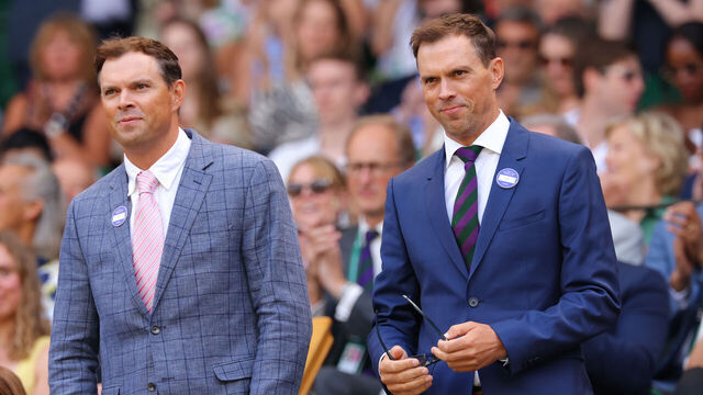 LONDON, ENGLAND - JULY 4: Bob Bryan and Mike Bryan on day six of The Championships Wimbledon 2026 at All England Lawn Tennis and Croquet Club on July 4, 2026 in London, England. \