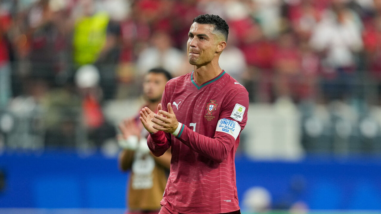 Arlington, United States - July 6: Cristiano Ronaldo of Portugal looks disappointed, dejected, frustrated after the defeat during the FIFA World Cup 2026 Round Of 16 match between Portugal and Spain at Dallas Stadium on July 6, 2026 in Arlington, United States.