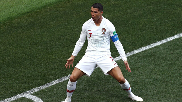 MOSCOW, RUSSIA - June 20: Cristiano Ronaldo #7 of Portugal celebrates after scoring a goal during the 2018 FIFA World Cup Russia group B match between Portugal and Morocco at Luzhniki Stadium on June 20, 2018 in Moscow, Russia.