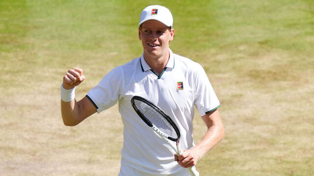 Jannik Sinner of Italy celebrates winning his Gentlemen's Singles match against Jan-Lennard Struff of Germany on day nine of the 2026 Wimbledon Championships at the All England Lawn Tennis and Croquet Club, London. Picture date: Tuesday July 7, 2026.